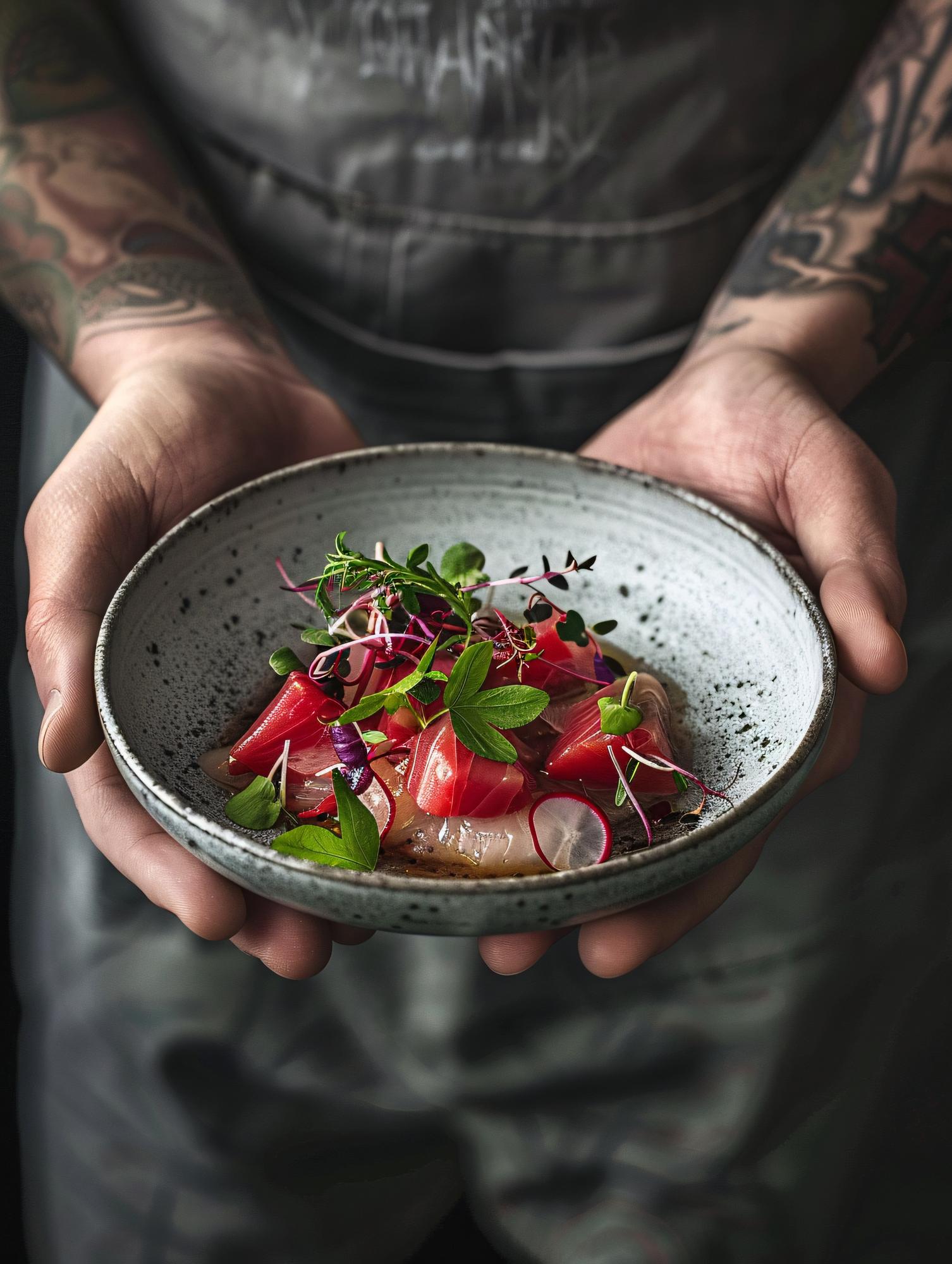 Chef arranging a plated dish in a rustic kitchen